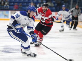 Sudbury Wolves forward Dmitry Sokolov handles the puck during OHL action against the Ottawa 67's at the Sudbury Community Arena in Sudbury, Ont. on Friday October 13, 2017. Sokolov scored a hat trick in the game.Gino Donato/Sudbury Star/Postmedia Network