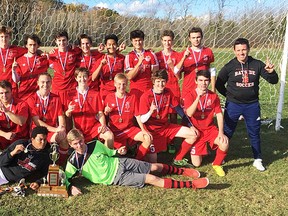 Bayside Devils celebrate their Bay of Quinte senior boys soccer title Thursday at Devils Field. (Submitted photo)