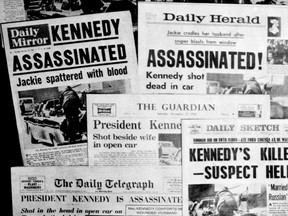 This Friday, Nov. 22, 1963 file photo shows the front pages of seven British national daily newspapers in London headlining the assassination of U.S. President John F. Kennedy. (AP)