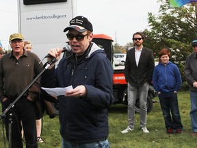 OPSEU Local 125 president Ryan Gibbs speaks at a rally for striking workers at Lambton College Friday. Several other unions were on hand supporting the cause. (Tyler Kula/Sarnia Observer)