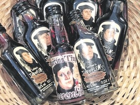 A basket of Martin Luther-branded liquor in Germany shows the lively side of the German monk who launched the Protestant Reformation 500 years ago Tuesday. (Eliot Stein/Special to the Washington Post)