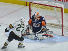 London Knights forward Robert Thomas rips a shot over the shoulder of Flint Firebirds goalie Garrett Forrest just 18 seconds into the first period of their OHL game at Budweiser Gardens on Friday night. Thomas added three more as London pounded the Firebirds 8-2 for their third straight win. (MORRIS LAMONT, The London Free Press)
