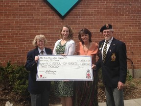 Submitted Photo
The Prince Edward County Memorial Hospital Foundation received $3,000 from the Royal Canadian Legion Branch 78 on April 27, 2017. Pictured at the front of PECMH are Diane Kennedy, first vice president of the Legion, Penny Rolinski, executive director of the PECMH Foundation, Monica Alyea, chairperson of the foundation and Tom McCaw, second vice president of the Legion.