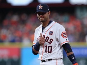 Yuli Gurriel of the Houston Astros gestures during the first inning against the Los Angeles Dodgers in game four of the 2017 World Series at Minute Maid Park on October 28, 2017 in Houston, Texas. (Tom Pennington/Getty Images)