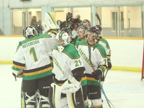 The Huron East Centenaires played against the Lucknow Lancers last Saturday. The Cents won 10-3, goalie Jesse Raymond smirks at the end of the game, he stopped 23 shots. (Shaun Gregory/Huron Expositor)