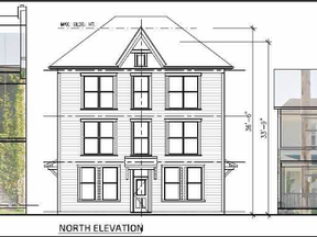 Marigold Homes Inc. is seeking permission from the city of London to tear down a duplex at 467-469 Dufferin Ave. and build a 3 1/2-storey building with 12 microsuites. The image provided by the company shows how the proposed building, centre, is similar in scale to the adjacent buildings on either side.