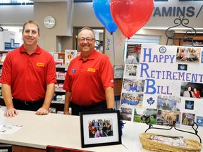 Current owner Bill Appleby (left) recognized the retirement of Bill Walt of Walther’s IDA Pharmacy downtown Mitchell last Thursday, Oct. 26 – Walt’s last day. ANDY BADER/MITCHELL ADVOCATE