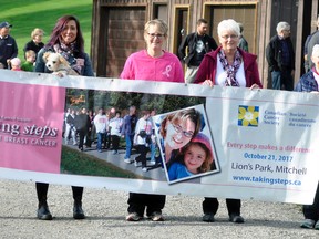 Breast cancer survivors holding the Taking Steps Against Breast Cancer banner before the walk at the Lions Park Oct. 21 were Sheila Rolph (left), Carol Hertel, Colleen Pletsch, Sharon Seebach and Marg Van Bakel. ANDY BADER/MITCHELL ADVOCATE