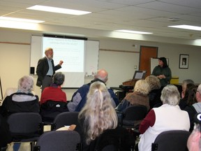 Study collaborator and Acting Medical Officer of Health for Huron County Health Unit, Dr. Maarten Bokhout, answered questions and clarified concerns raised by members of the public at the October 26th meeting. Principal Investigator Dr. Erica Clark (right) led the wind turbine study information session.