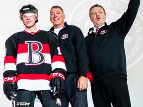 Belleville Senators head coach Kurt Kleinendorst (middle) and chief operating officer Rob Mullowney at the AHL club's official jersey launch last summer at Quinte Mall. (Belleville Senators photo)