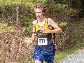 Carter Free of the Napanee Golden Hawks, seen winning the Kingston Area Secondary Schools Athletic Association senior boys cross-country title on Oct. 19, finished second in the Eastern Ontario Secondary Schools Athletic Association championships this past Thursday in Kemptville. (Tim Gordanier/The Whig-Standard)