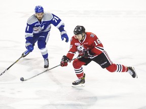 Danial Singer of the Niagara IceDogs tries to keep the puck away from David Levin of the Sudbury Wolves in OHL action at the Meridian Centre in St. Catharines on Saturday, October 28, 2017. Julie Jocsak / Postmedia Network