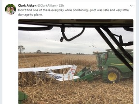 This photo posted on social media by Sarnia-area farmer Clark Aitken -- it shows a farm machine harvesting corn around the wreckage of a plane that landed on his field last week -- is drawing plenty of attention.