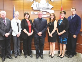 Pictured above are members of Brazeau County County Council, who were sworn into office on October 26: (l. to r.) Anthony Heinrich, Sarah Wheale, who is also a member of Premier Justin Trudeau’s Youth Council, Heidi Swan, Reeve Bart Guyon, Kara Westerlund, Donna Wiltse and Marc Gressler. Much of the day was spent determining which councillors would sit on some five dozen boards and committees.