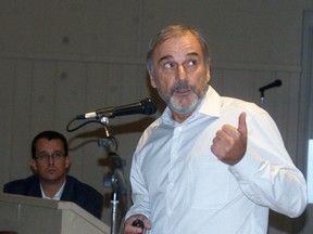 Dr. Keith Benn, a geologist from Port Lambton, talks about wind turbine modeling, during a Wallaceburg and Area Wind Concerns public meeting held at the UAW Hall on Thursday, Oct. 26.