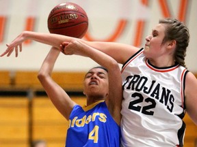 TVRA Central senior girls basketball AAA playoff game at Clarke Road on Tuesday saw the Trojans with an early lead, but in the final quarter the Raiders forced a lot of turnovers and Beal came back to win 42-38 to set up a quarterfinal with Lucas on Thursday.  (MIKE HENSEN, The London Free Press)