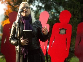Ashley Desjardine of London talks about her experiences as a survivor of abuse at the launch of the Shine the Light on Woman Abuse Campaign by the London Abused Women?s Clinic in London?s Victoria Park Wednesday. (MIKE HENSEN, The London Free Press)