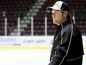 Sarnia Sting head coach Derian Hatcher watches practice at Progressive Auto Sales Arena in Sarnia, Ont., on Wednesday, Oct. 25, 2017. (Mark Malone/Postmedia Network)