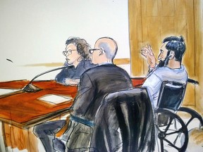 In this courtroom drawing, defendant Sayfullo Saipov, right, addresses the court during his arraignment on federal terrorism charges, Wednesday, Nov. 1, 2017, at Manhattan Federal Court in New York. (Elizabeth Williams via AP)