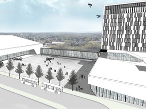 An architectural rendering of the new Kingsway Entertainment District, which includes an events centre, casino and hotel tower. (supplied by Cumulus Architects Inc.)