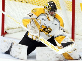 Sarnia Sting goalie Justin Fazio makes a first-period save against the Peterborough Petes at the Peterborough Memorial Centre on Thursday, Nov. 2, 2017. (CLIFFORD SKARSTEDT/Postmedia Network)