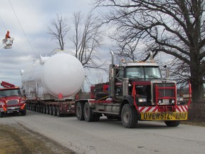 An industrial vessel is shown in this file photo moving along Blackwell Road in Sarnia to Chemical Valley. An application for federal funding to create a permanent oversized load corridor in Sarnia and St. Clair Township is set to be submitted next week. (Paul Morden/Sarnia Observer/Postmedia Network)