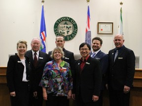 Stony Plain’s new council left to right: Linda Matties, Bruce Lloy, Judy Bennet, Justin Laurie, Mayor William Choy, Eric Meyer and Harold Pawlechko.  - Photo by Jesse Cole