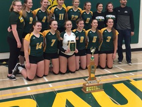 The Memorial Composite High School Sr. Women’s Volleyball team took home another gold medal win during the a recent home tournament in Stony Plain. - Photo submitted