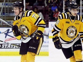 Sarnia Sting's Colton Kammerer (77) and Jamieson Rees (39) are playing at the World Under-17 Hockey Challenge. (Photos by MARK MALONE, Postmedia Network)