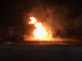 Vehicles burn on Hwy. 400 south of Barrie on Wednesday, Nov. 1, 2017. (Kerry Schmidt)