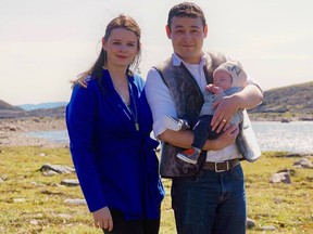 Former Kingston resident Adam Arreak Lightstone holds his son Aiden with his wife Hilary Burns in Iqaluit. Lightstone was elected to the Nunavut legislative assembly on Oct. 30. (Submitted photo)
