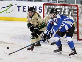 Belleville's Alexa Hoskin (10)  of Team Ontario Blues battles a Saskatchewan opponent at the 2017 Canada U18 women's hockey championships in Quebec. (Hockey Canada photo)
