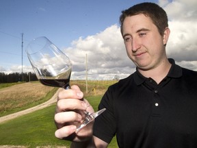 Brian Landsborough of Maelstrom Vineyard & Winery shows some of the grapes grown near Clinton. (Mike Hensen/The London Free Press)