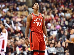 Toronto Raptors guard DeMar DeRozan (10) reacts after missing a shot during second half NBA basketball action against the Washington Wizards in Toronto on Sunday. (THE CANADIAN PRESS/Frank Gunn)