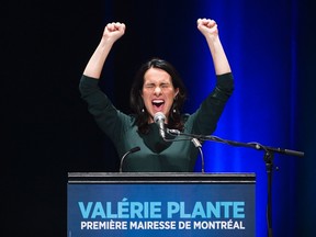 Valerie Plante speaks to supporters after being elected mayor of Montreal on election night during the municipal election in Montreal, Sunday, November 5, 2017. (THE CANADIAN PRESS/Graham Hughes)