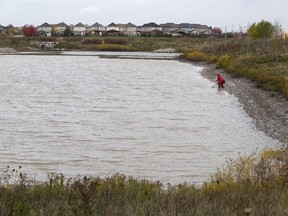 Police use metal detectors to search a partially drained pond at Meadowgate Park in London, Ont. on Friday November 3, 2017. (DEREK RUTTAN, The London Free Press)