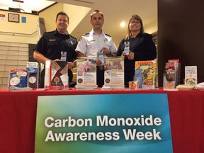 Members of the Woodstock Fire Department spent the week spreading awareness about the importance of carbon monoxide detectors. From left Brian Egan, Lukasz Kasprzyk and Lisa Woods. (HEATHER RIVERS, Sentinel-Review)