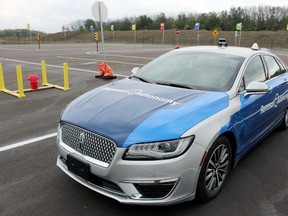 An autonomous vehicle is seen on the test track near Lorne Avenue and Romeo Street in Stratford. (Terry Bridge, Beacon Herald)