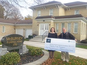 McBurney Funeral Home recently pledged $25,000 towards the Wingham hospital redevelopment project. Pictured: Dayna Deans, owner of McBurney Funeral Home presented the donation to Ian Montgomery, WDH Foundation Board chair.