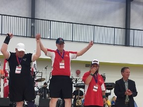 Bocce player Byron Baker (centre) wins gold at the 2017 Special Olympics Alberta Summer Games last July (Submitted | Special Olympics).