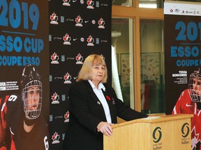 Fran Rider, president of the Ontario Women's Hockey Association speaks at a press conference where is was announced the Sudbury is hosting the 2019 Esso Cup in Sudbury, Ont. on Tuesday November 7, 2017. Gino Donato/Sudbury Star/Postmedia Network