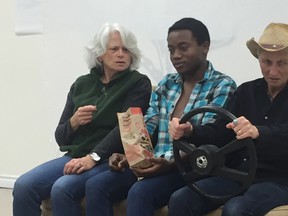 Matt Salton/Submitted Photo
Joan Jones (Dot), from left, Paul Smith (Prentice) and Kim Renders (Stella) in rehearsal for Cloudburst.