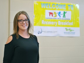 Chelsey Bokor is shown after speaking at the Chatham-Kent Drug Awareness Council's Recovery Breakfast at the WISH Centre on Wednesday. Bokor wants children of parents with substance abuse problems not to be "brushed off."