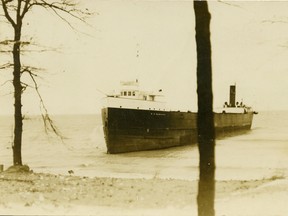 This historical photograph, provided by The Lambton Heritage Museum, shows the Hawgood stranded at Wees Beach, north of Sarnia, by the Great Storm of 1913. SUBMITTED PHOTO