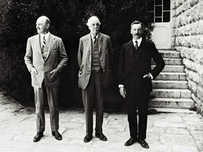 (FILES) This handout file photo taken in 1925 and obtained from the Israeli Government Press Office (GPO) on October 24, 2017, shows (L to R) British General Edmund Allenby, Arthur Balfour, Former British Prime Minister, and Herbert Samuel, 1st High Commissioner of Palestine, posing for a picture in Jerusalem.
Britain's Balfour Declaration turns 100 this week, hailed by Israel for helping lead to its founding, but viewed by Palestinians as contributing to a catastrophe that stole their land. The November 2, 1917 declaration by then British foreign minister Arthur Balfour said his government viewed "with favour the establishment in Palestine of a national home for the Jewish people".
 / AFP PHOTO / GPO / HandoutHANDOUT/AFP/Getty Images