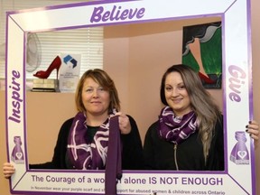 TIM MEEKS/THE INTELLIGENCER
With November being Domestic Violence Awareness Month, Kristin Farrell, training and education coordinator at the Three Oaks Foundation, and woman services worker Megan MacLeod are promoting the annual Wrapped in Courage and the new Male Allies campaigns.
