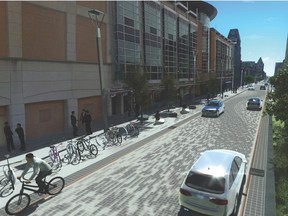 A concept image shows Dundas Street as a flex street from Wellington Street to Clarence Street, looking toward the Central Library