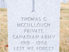 A headstone was placed on Thomas George McCullough’s grave in the Vulcan cemetery in the spring of 2016. McCullough was a private in the Canadian army during the Second World War. Jasmine O’Halloran Vulcan Advocate