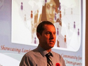 Chris Slade, dean of international education at Lambton College, speaks at a Thursday forum on boosting local immigration. A group of Sarnia-Lambton leaders are formulating a strategy, expected to be finalized by next fall. (Tyler Kula/Sarnia Observer/Postmedia Network)