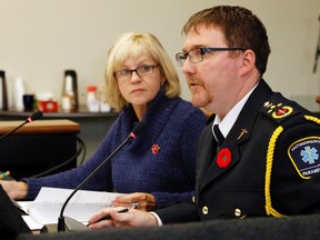 Luke Hendry/The Intelligencer
Hastings-Quinte Paramedic Services Chief Doug Socha and new emergency services chairwoman Karen Sharpe of Quinte West take part in a committee meeting Wednesday in Belleville. Socha reported an increase in call volumes and a need for more crews and ambulances.